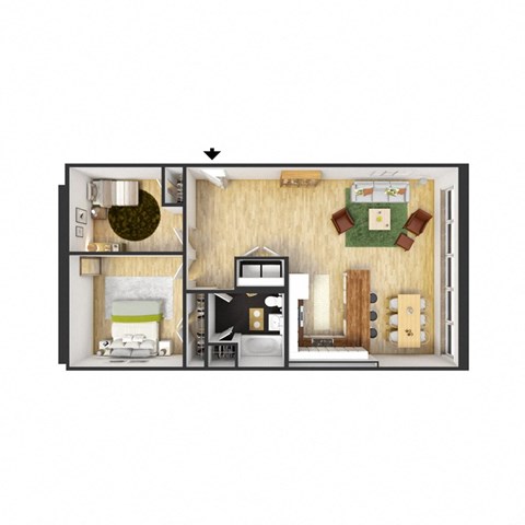 Floor plan for 2 beds, 1 bath, 633 sqft